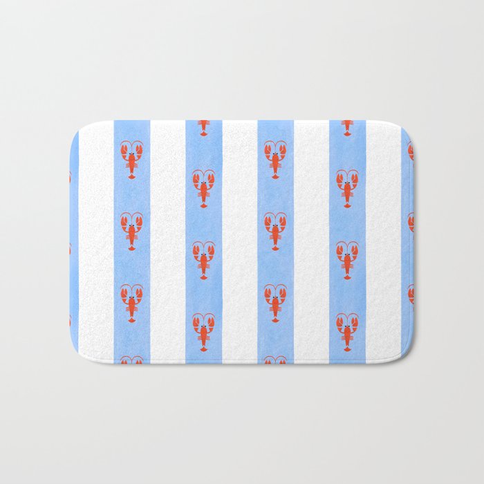 Red Lobsters On Hand-Painted Bright Blue Stripes Bath Mat Gallery Image 1