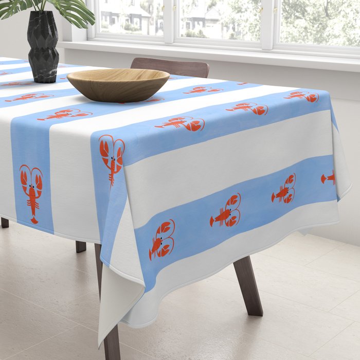 Red Lobsters On Hand-Painted Bright Blue Stripes Tablecloth Gallery Image 3