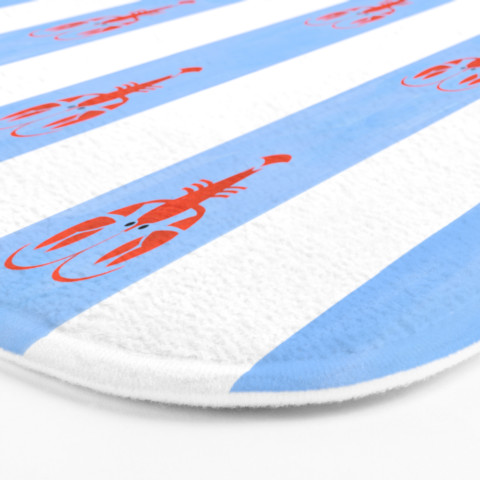 Red Lobsters On Hand-Painted Bright Blue Stripes Bath Mat Gallery Image 3