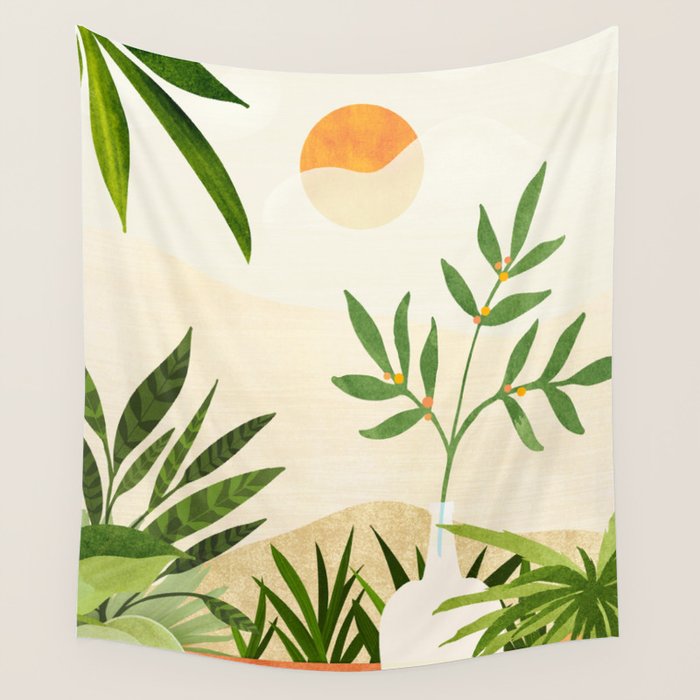 Mediterranean Terrace - Colorful Landscape Illustration Wall Tapestry Gallery Image 4