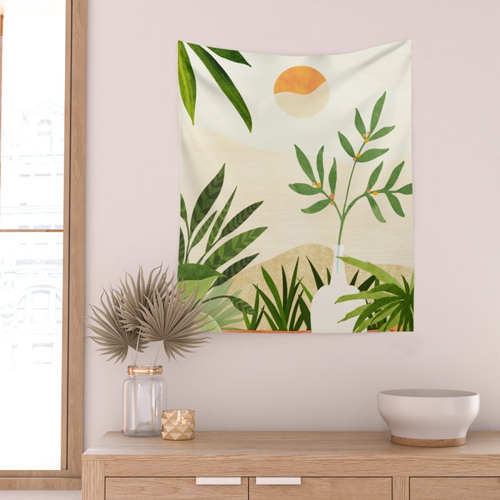 Mediterranean Terrace - Colorful Landscape Illustration Wall Tapestry Gallery Image 2