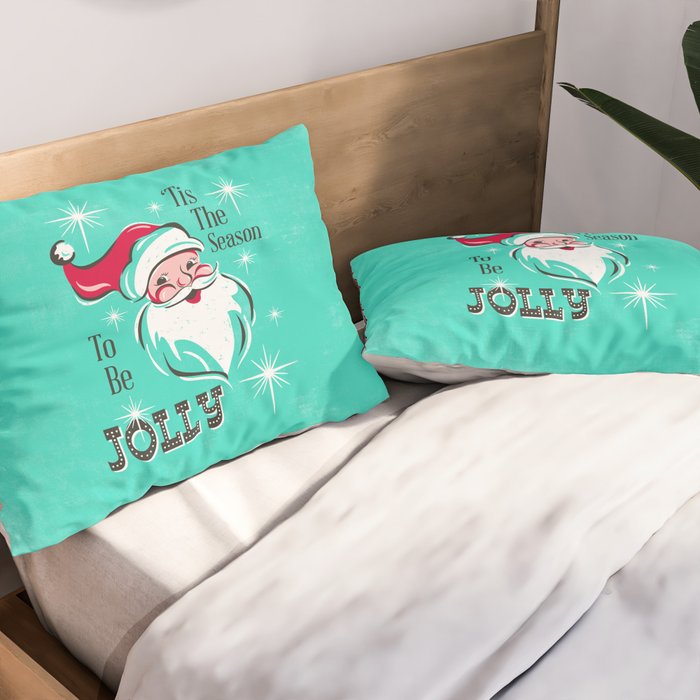 'Tis The Season - Retro Santa Aqua Colorful Pillow Sham Gallery Image 2