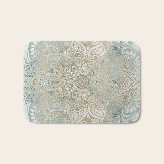 Mandala Flower, Teal and Gold, Floral Prints Bath Mat Gallery Image 1