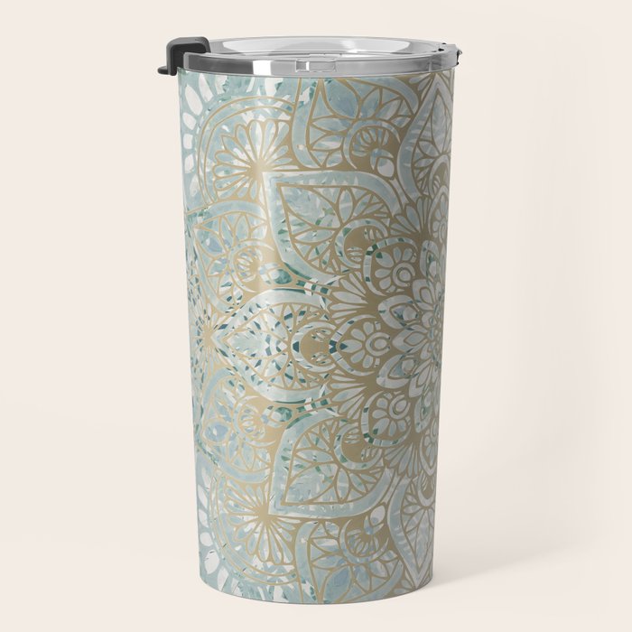Mandala Flower, Teal and Gold, Floral Prints Travel Mug Gallery Image 3