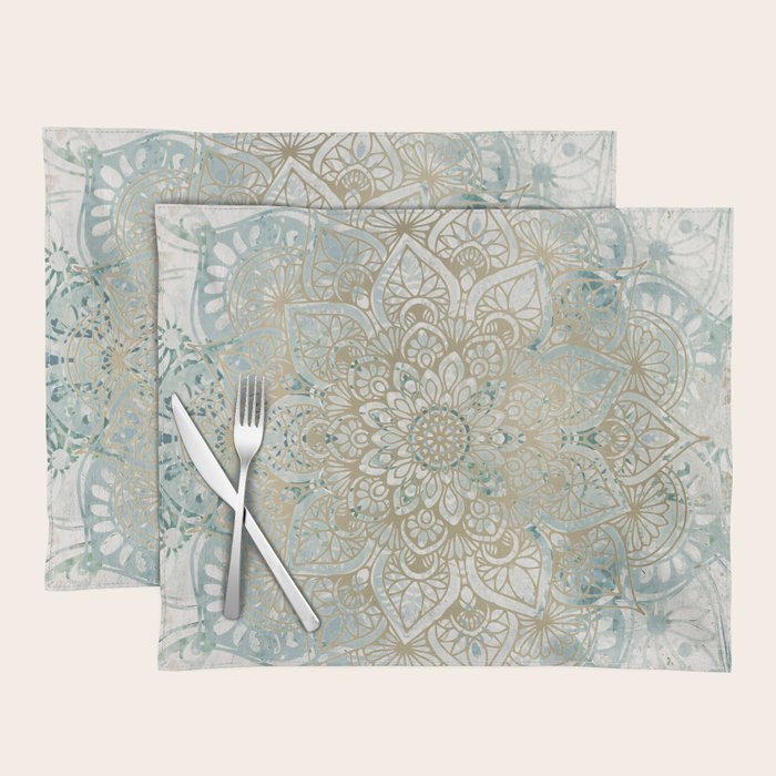 Mandala Flower, Teal and Gold, Floral Prints Placemat Gallery Image 1