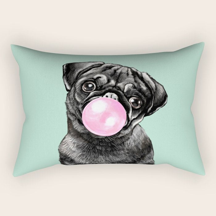 Bubble Gum Black Pug in Green Rectangular Pillow Gallery Image 1