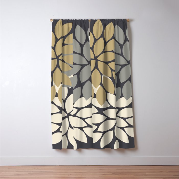 Bold Colorful Gold Ivory Charcoal Grey Dahlia Flower Burst Petals Window Curtain Gallery Image 3