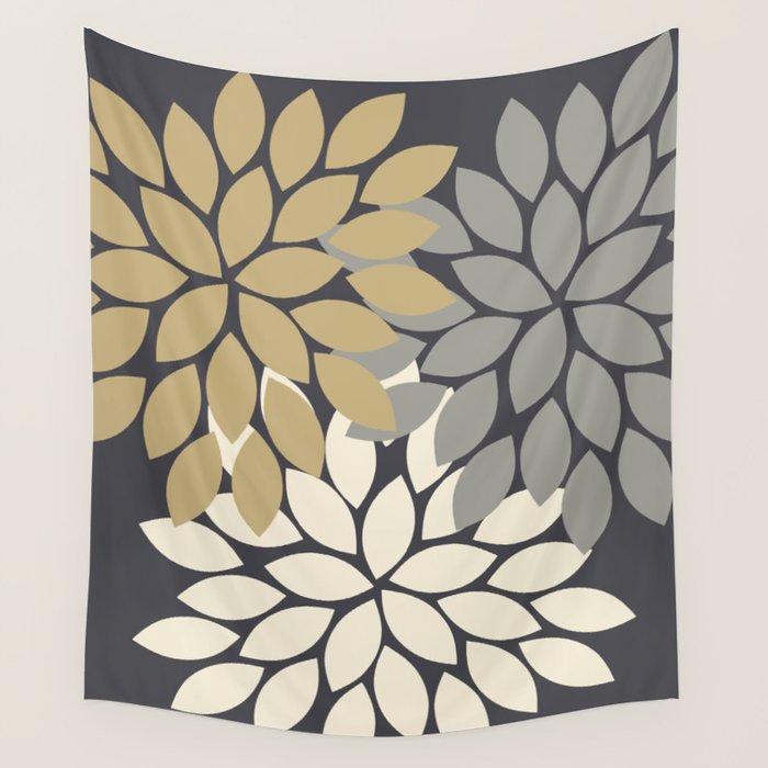 Bold Colorful Gold Ivory Charcoal Grey Dahlia Flower Burst Petals Wall Tapestry Gallery Image 4
