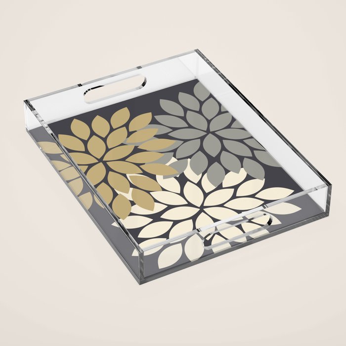 Bold Colorful Gold Ivory Charcoal Grey Dahlia Flower Burst Petals Acrylic Tray Gallery Image 1