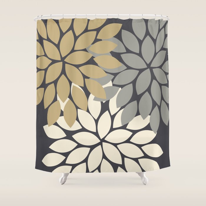 Bold Colorful Gold Ivory Charcoal Grey Dahlia Flower Burst Petals Shower Curtain Gallery Image 1
