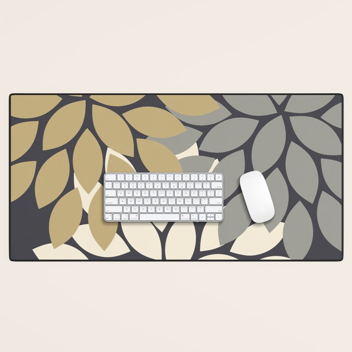 Bold Colorful Gold Ivory Charcoal Grey Dahlia Flower Burst Petals Desk Mat Gallery Image 1
