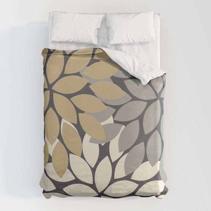 Bold Colorful Gold Ivory Charcoal Grey Dahlia Flower Burst Petals Duvet Cover Gallery Image 1