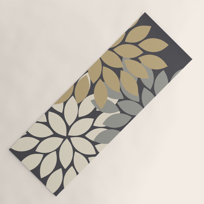 Bold Colorful Gold Ivory Charcoal Grey Dahlia Flower Burst Petals Yoga Mat Gallery Image 1