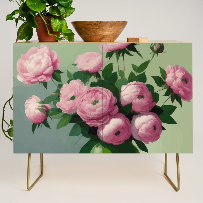 Pink Peonies and Roses in a Green Vase Credenza Gallery Image 1