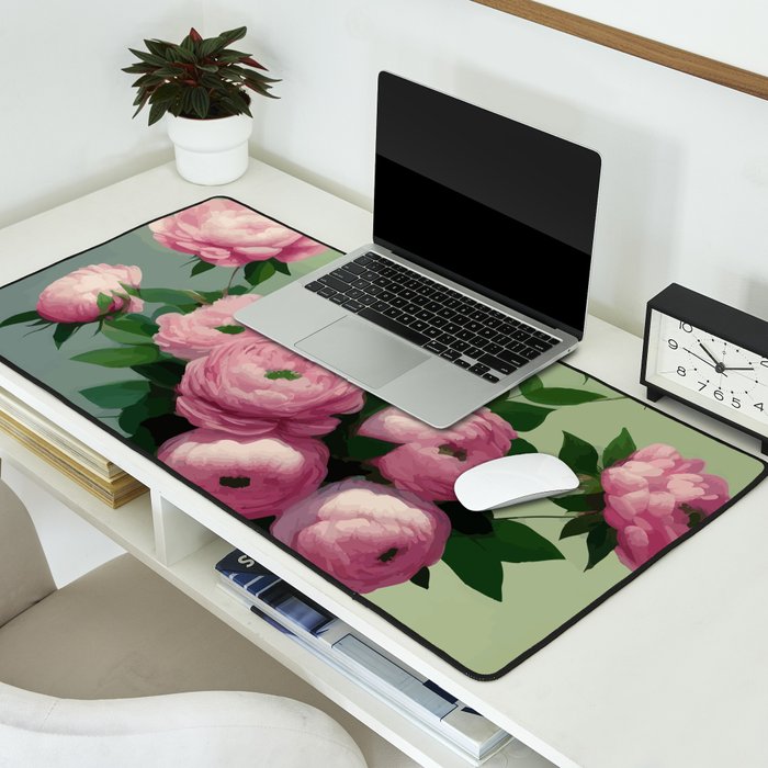 Pink Peonies and Roses in a Green Vase Desk Mat Gallery Image 2