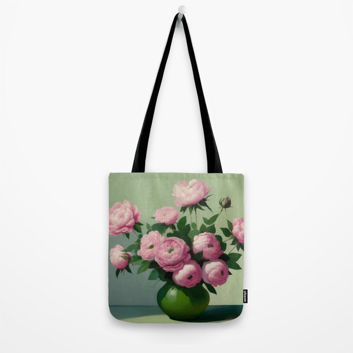 Pink Peonies and Roses in a Green Vase Tote Bag Gallery Image 2