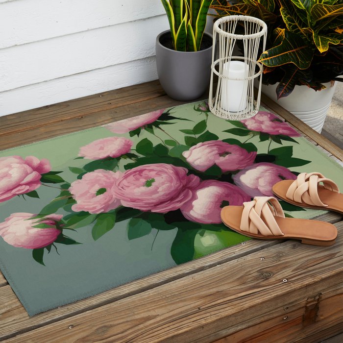 Pink Peonies and Roses in a Green Vase Outdoor Rug Gallery Image 2