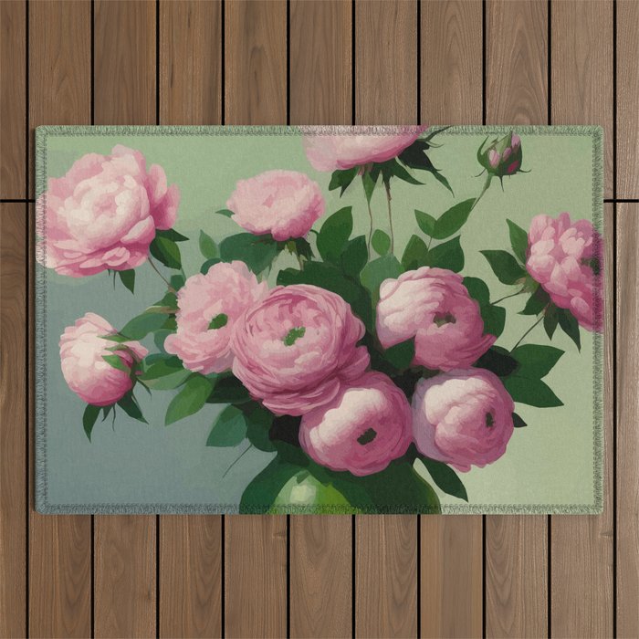 Pink Peonies and Roses in a Green Vase Outdoor Rug Gallery Image 1