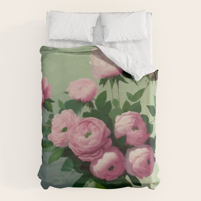 Pink Peonies and Roses in a Green Vase Duvet Cover Gallery Image 6
