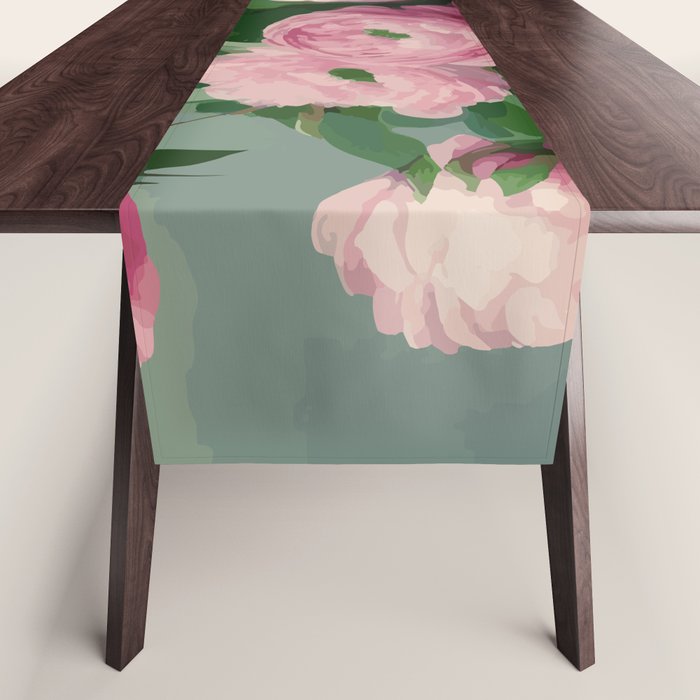 Pink Peonies and Roses in a Green Vase Table Runner Gallery Image 1