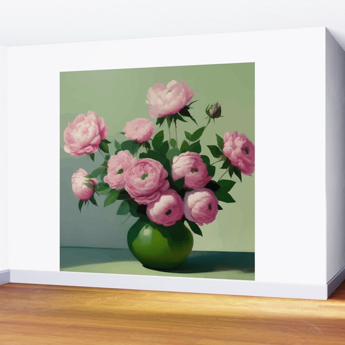 Pink Peonies and Roses in a Green Vase Wall Mural Gallery Image 2