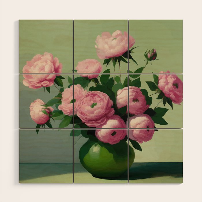 Pink Peonies and Roses in a Green Vase Wood Wall Art Gallery Image 1