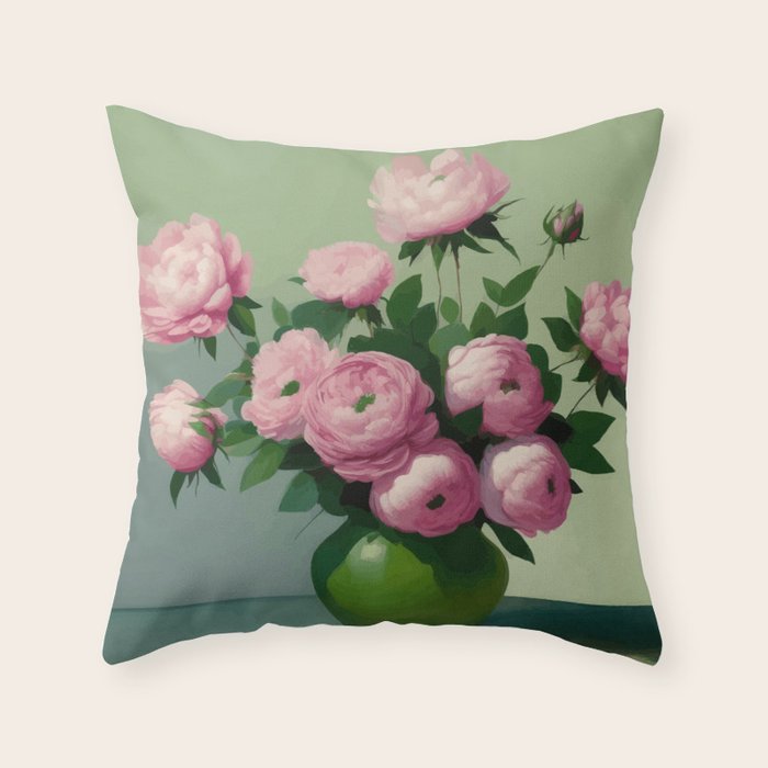 Pink Peonies and Roses in a Green Vase Throw Pillow Gallery Image 1