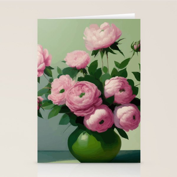 Pink Peonies and Roses in a Green Vase Stationery Card Gallery Image 1