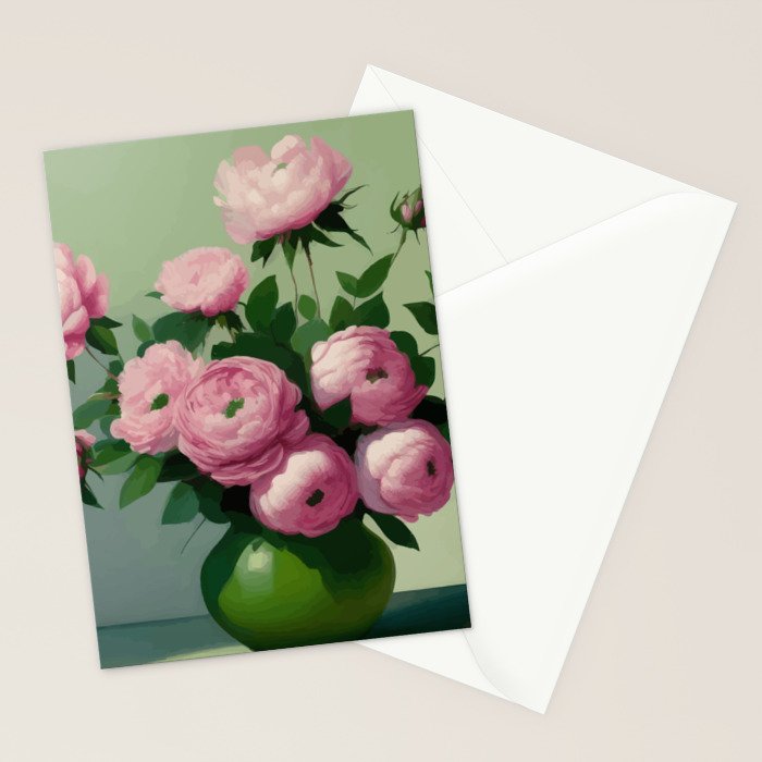 Pink Peonies and Roses in a Green Vase Stationery Card Gallery Image 2