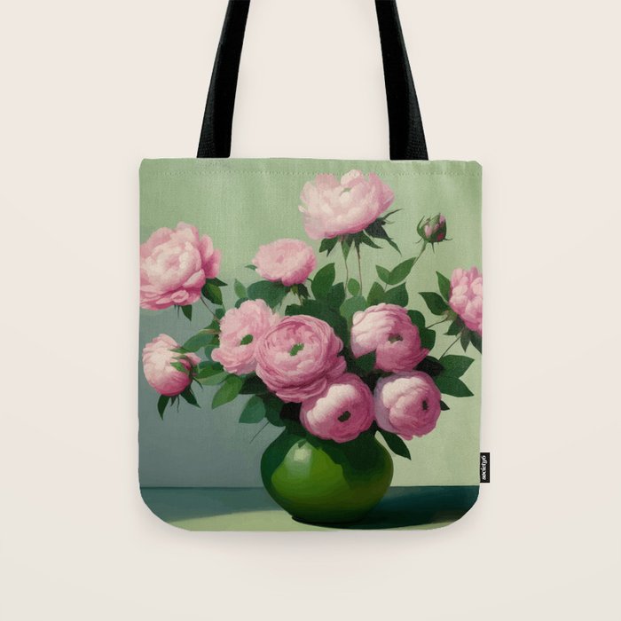 Pink Peonies and Roses in a Green Vase Tote Bag Gallery Image 1