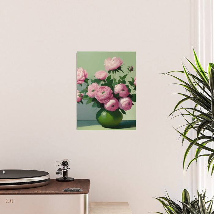 Pink Peonies and Roses in a Green Vase Poster Gallery Image 2