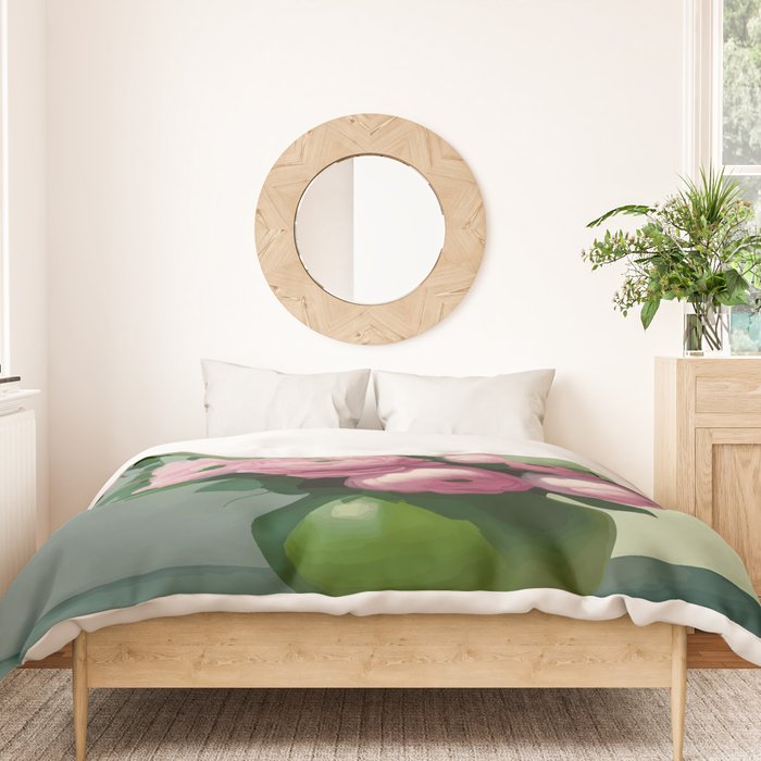 Pink Peonies and Roses in a Green Vase Duvet Cover Gallery Image 3