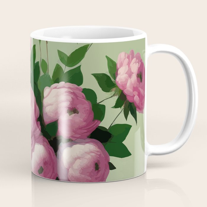 Pink Peonies and Roses in a Green Vase Coffee Mug Gallery Image 1