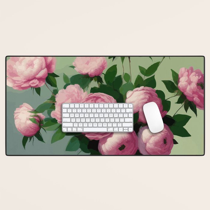 Pink Peonies and Roses in a Green Vase Desk Mat Gallery Image 1