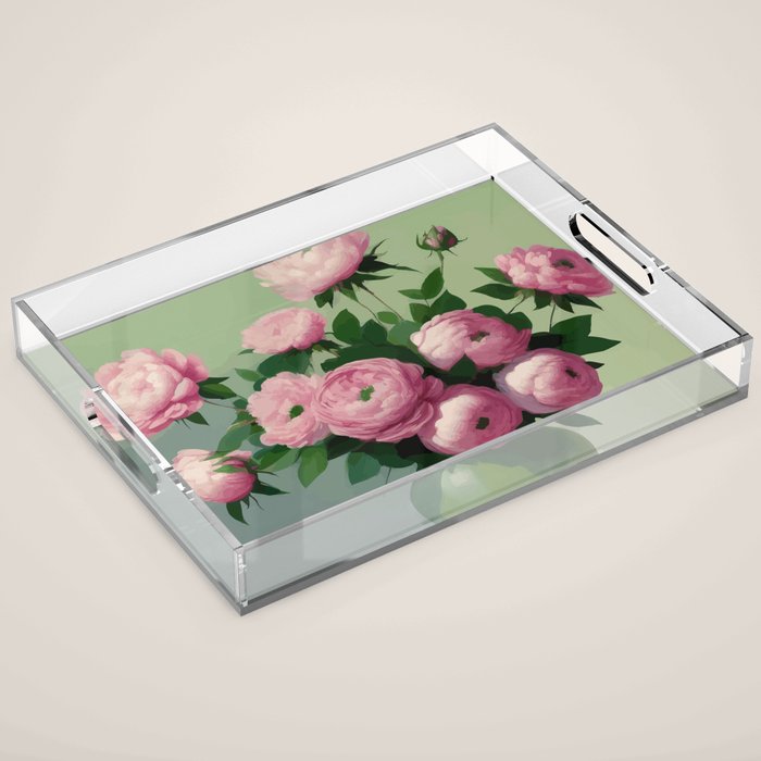 Pink Peonies and Roses in a Green Vase Acrylic Tray Gallery Image 1