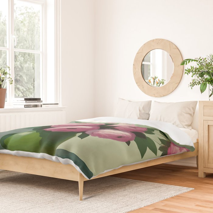 Pink Peonies and Roses in a Green Vase Duvet Cover Gallery Image 2