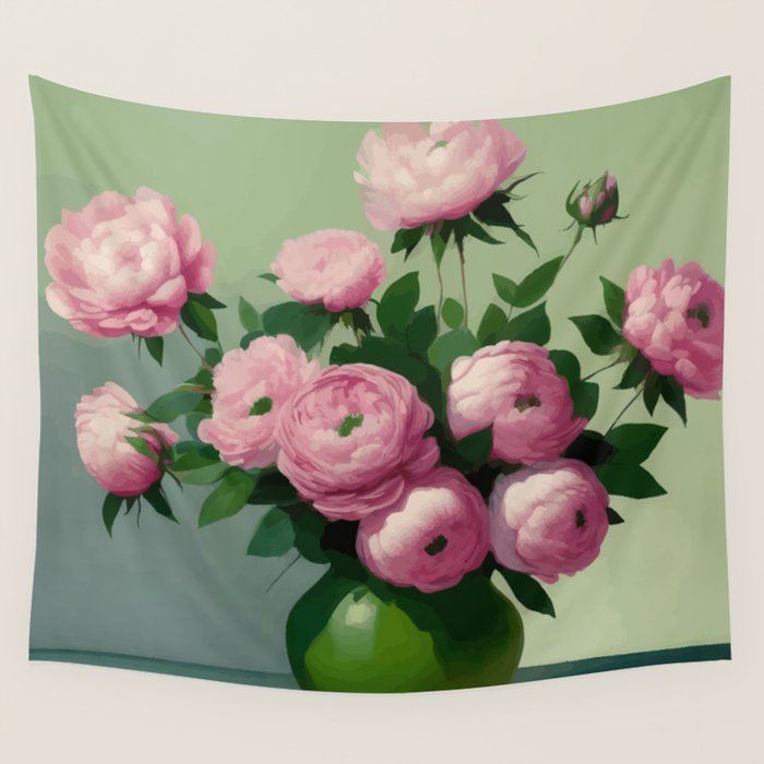Pink Peonies and Roses in a Green Vase Wall Tapestry Gallery Image 4