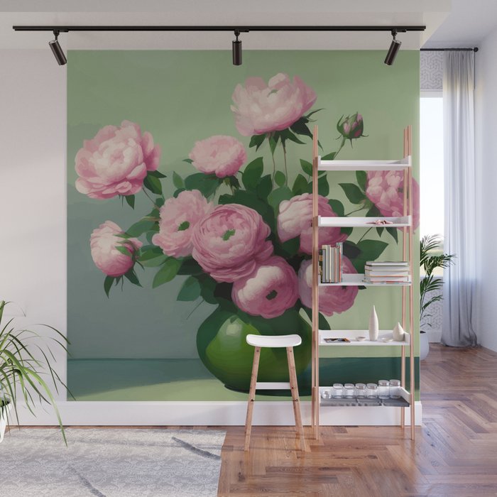 Pink Peonies and Roses in a Green Vase Wall Mural Gallery Image 1