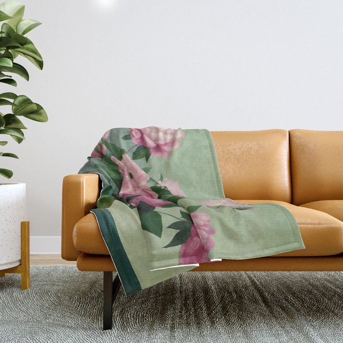 Pink Peonies and Roses in a Green Vase Throw Blanket Gallery Image 1
