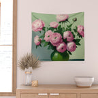 Pink Peonies and Roses in a Green Vase Wall Tapestry Gallery Image 2