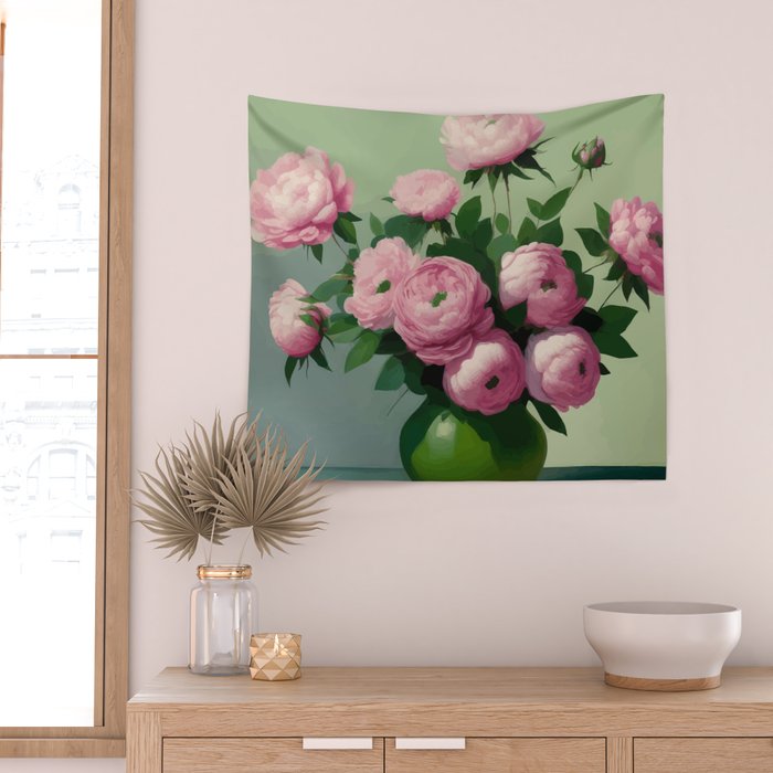 Pink Peonies and Roses in a Green Vase Wall Tapestry Gallery Image 2