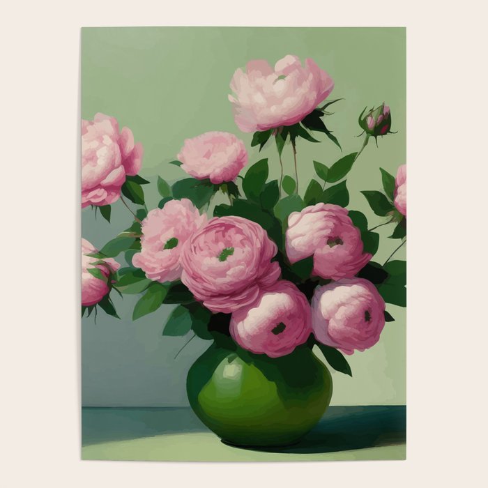Pink Peonies and Roses in a Green Vase Poster Gallery Image 4