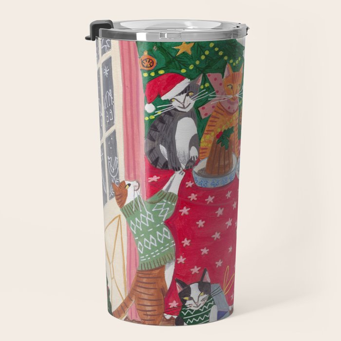 Cats in the Window at a Snowy Christmas in Bright Colours Travel Mug Gallery Image 3