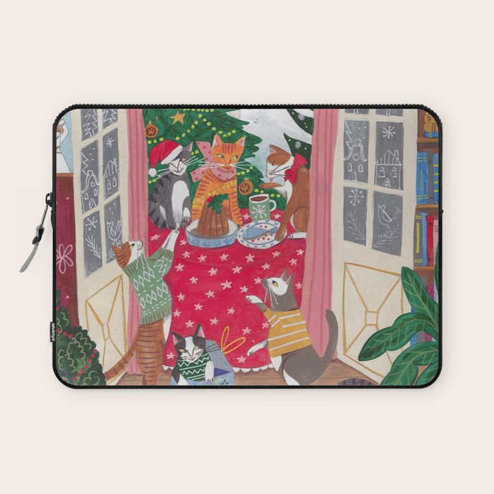 Cats in the Window at a Snowy Christmas in Bright Colours Laptop Sleeve Gallery Image 1