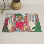 Cats in the Window at a Snowy Christmas in Bright Colours Rug Gallery Image 1