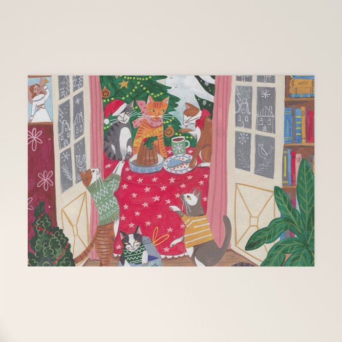 Cats in the Window at a Snowy Christmas in Bright Colours Welcome Mat Gallery Image 1