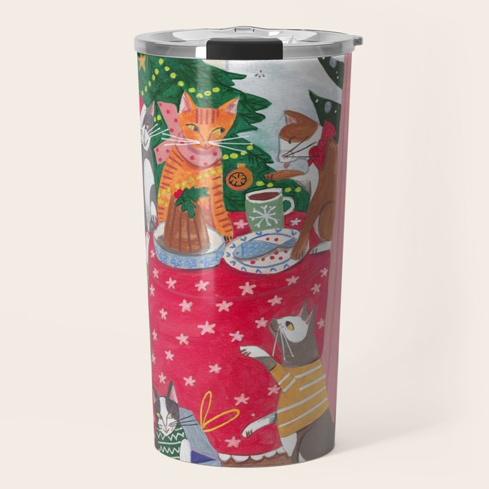 Cats in the Window at a Snowy Christmas in Bright Colours Travel Mug Gallery Image 1
