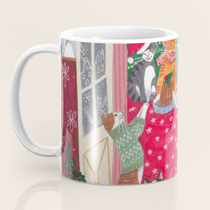Cats in the Window at a Snowy Christmas in Bright Colours Coffee Mug Gallery Image 3