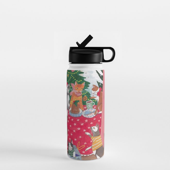 Cats in the Window at a Snowy Christmas in Bright Colours Water Bottle Gallery Image 1