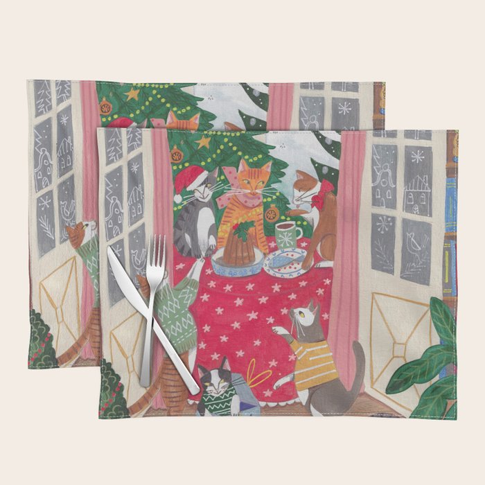 Cats in the Window at a Snowy Christmas in Bright Colours Placemat Gallery Image 1